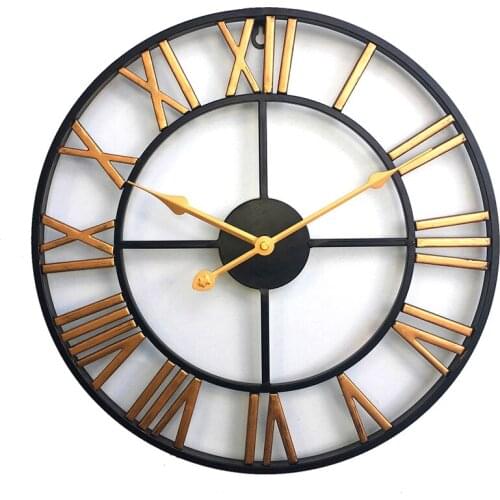 1Pcs Wall Decoration Wrought Iron Alarm Clock Retro Wall Clock 3D Round Roman Hollow Iron Bar Quiet Decorative Wall Clock Gold 6