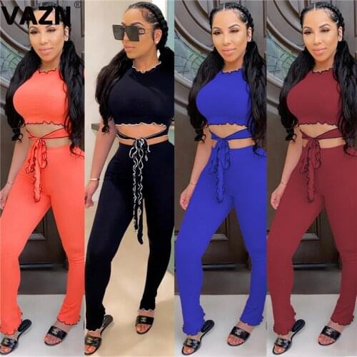 VAZN high street 2020 sexy lady 4 colors long 2-piece set short pullover lace up tees long skinny springy set fashion casual set