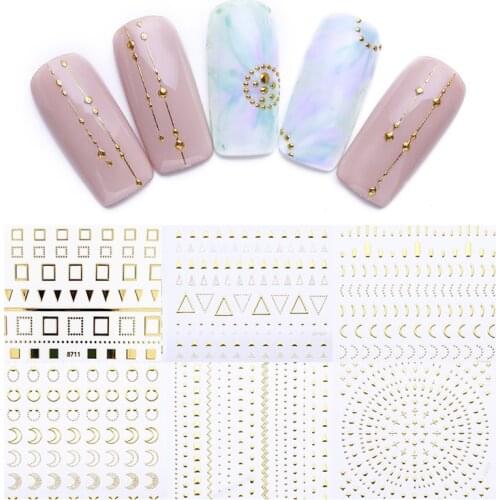 Geometric Patterns 3D Nail Sticker Decals Adhesive Moon Star Gold Stripes Wave Line DIY Nail Art Decoration 1 Sheet