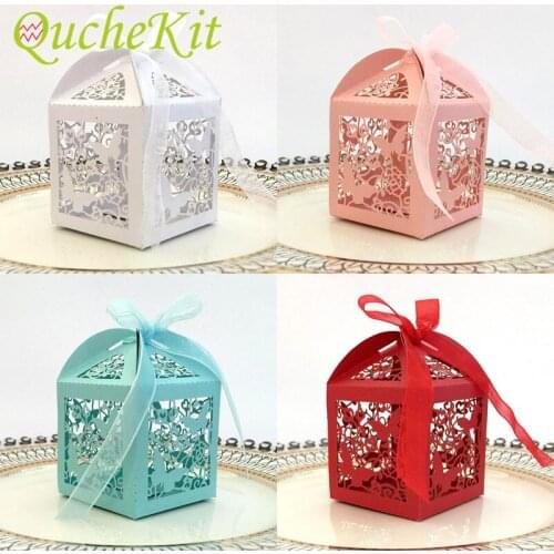 50pcs Laser Cut Butterfly Hollow Candy Dragees Boxes With Ribbon Wedding Bridal Favors Gifts Box Baby Shower Party Supplies