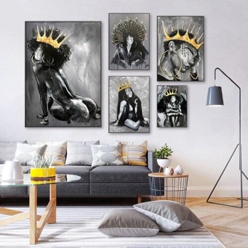 Abstract Golden Crown Girl Canvas Paintings Black African Nude Posters Prints Wall Pictures for Living Room Wall Decor Cuadros