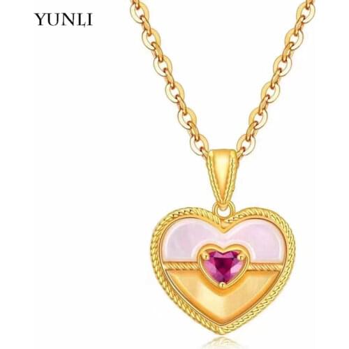 YUNLI Real 18K Gold Pendant Necklace Red Agate Heart Design Pure Solid AU750 Chain Fine Jewelry Gift for Women PE1012