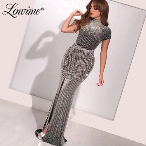 Silver Beaded Black Evening Dresses Couture Short Sleeves High Neck Party Gowns 2020 Robe De Soiree Aibye Mermaid Prom Dresses