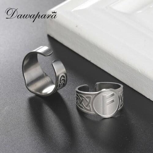 Dawapara Vintage Viking Rings Runes Nordic Rune Letters Celtics Adjustable Open Ring Stainless Steel Jewelry