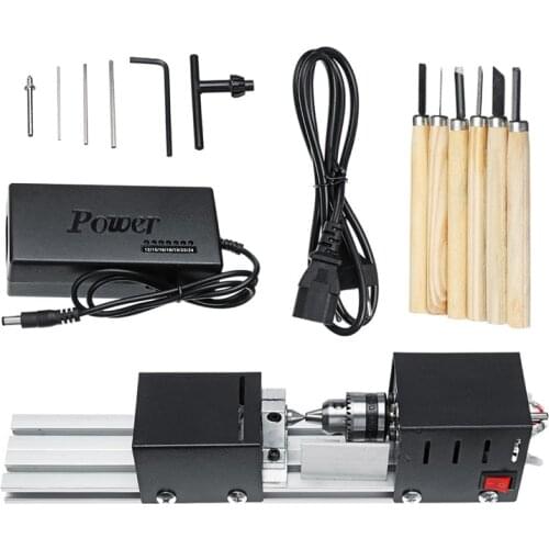 DC12-24V 200W CNC Mini Lathe Beads Machine Woodwork DIY Lathe Standard Set with Power Carving Cutter Wood Lathe+ 6 Carving Blade