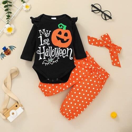 3pcs/set Halloween Costumes Pumpkin Phrase Dots Baby Clothing Sets Bow Long-sleeved Shirt Trousers Baby Clothes Gifts For 0-18 M