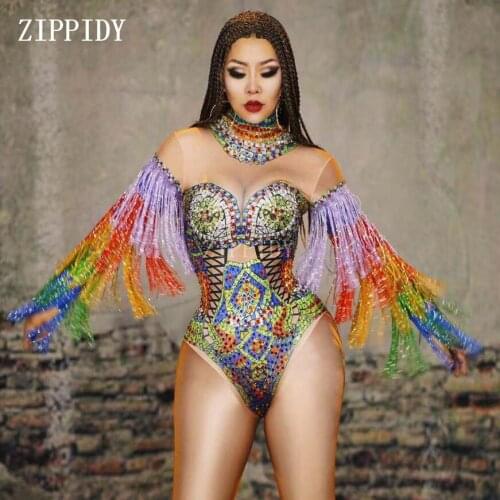 Colorful Rhinestones Fringes Leotard Costume Womens Birthday Prom Celebrate Outfit Bar Evening Women Dancer Bodysuit