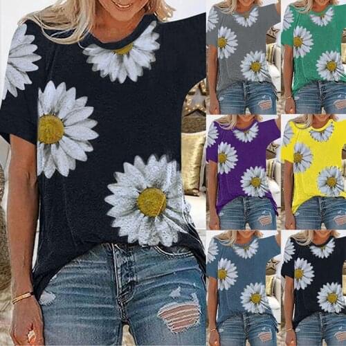 Summer New Fashion Casual Loose Ladies Little Daisy Digital Printed Garden Collar Short Sleeve Female Tops T-Shirt For The Girls