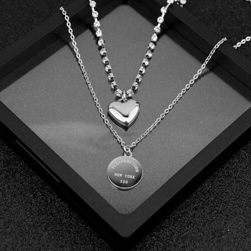 Stainless Steel Double Layer Lovely Crystal round Plate Lettered Men and Women Necklace Fashion Hot Selling Pendant Necklace