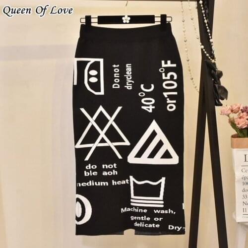 2020 Autumn & Winter New Arrival Knitted Skirt Letter Print Slim Mid-length Skirt High Waist Elastic Skirt Free Shipping
