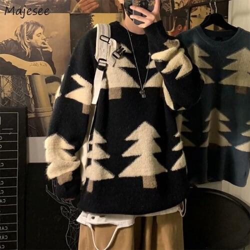Men Printed Pullovers O-neck Harajuku Sweater Winter Warm Thicken Teens Knitting Soft Casual All-match Korean Style Retro Jumper