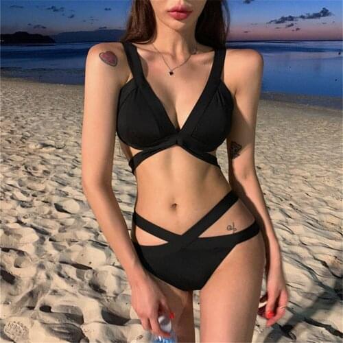 Sexy Bandage Bikini Women Solid Black Swimwear Strappy Biquini Cut Out Swimsuit High Waist Push Up Pad Bathing Suit RetroVintage