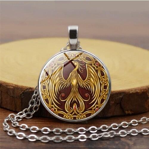 Glass Necklace Phoenix Glass Necklace Golden Bird Photo Pendant Anlmal Jewelry Pendant Glass Cabochon Necklace