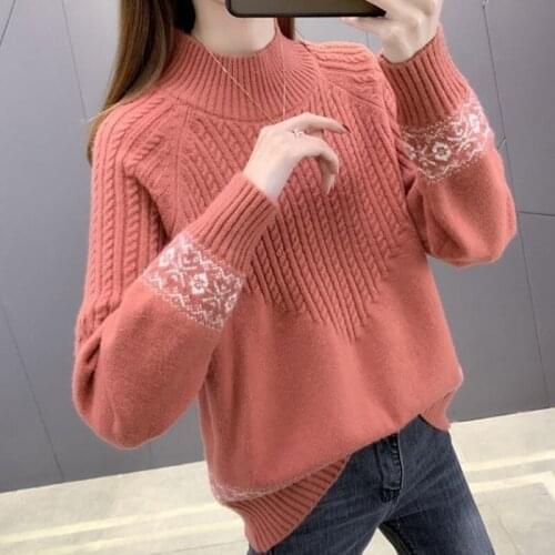 New Autumn Winter Thick Sweater Women Plus Velvet Knitted Embroidered Pullover Warm Long Sleeve Slim Jumper Blue Clothing