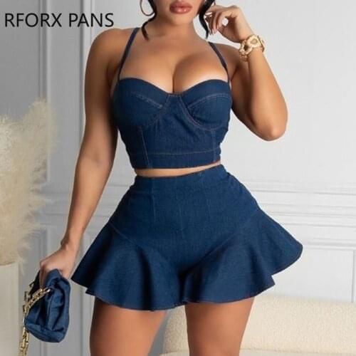 Women Clothes Denim Halter Crop Top & Ruffles Hem Shorts Set Casual Look for Women 2021