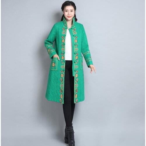 Winter new fashion national style embroidery casual medium length stand collar windbreaker womens cotton padded ethnic jacket