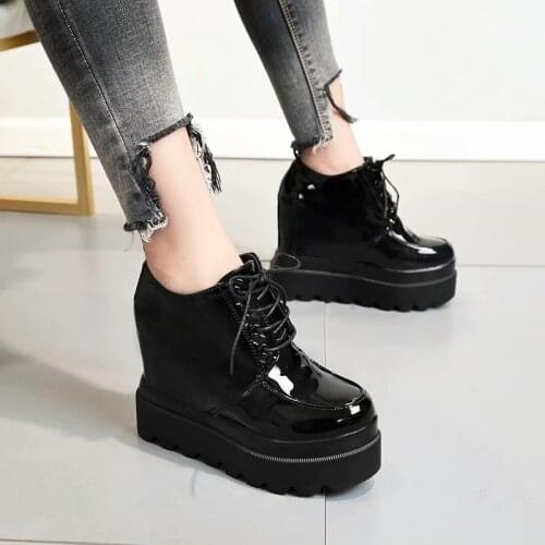 2020High Platform Patent Leather Casual Shoes Women Autumn Winter Wedge Ankle Boots For Women 12 CM Height Increasing Sneakers