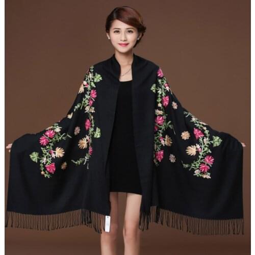 Black Embroider Flower Pashmina Cashmere Scarf For Women Winter Warm Fine Tassels Scarf Shawl Fashion Shawl Scarves 111819