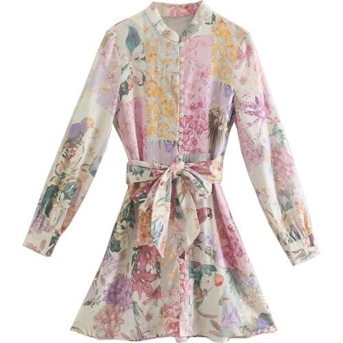 Vintage Floral Printed Runway Dress Women 2021 Spring Summer Elegant Long Sleeve Mini Dress with Sashes
