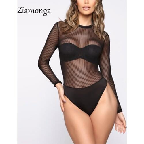 Ziamonga Womens Black White Red Long Sleeve Sheer Mesh Bodysuit Female Stretchy Jumpsuit Body Tops For Ladies Sexy Bodysuits