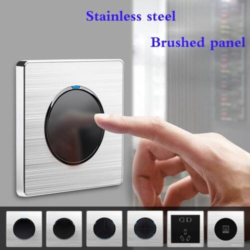 1 Gang 1 2 Way Brushed stainless steel Light EU Socket Any Click Point Control Wall Socket Switches Panel With Led