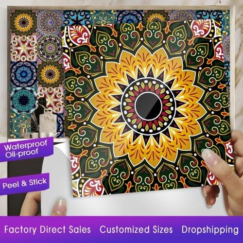 10pcs/set Colorful Mandala Crystal Hard Tiles Wall Sticker Kitchen Wardrobe Home Decor Art Mural Shine Surface PVC Wall Decals
