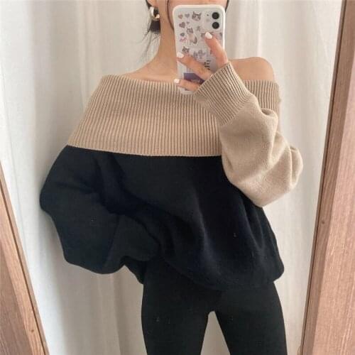 2020 winter commuter style word collar color matching two-wear off-shoulder sweater