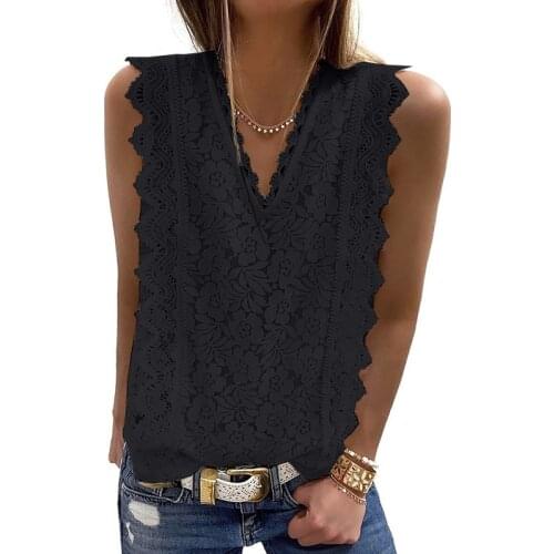 2021 Summer Lace T Shirt Women Fashion Sexy Sleeveless Solid Shirt Hollow Party V-Neck Shirt Tees Plus Size Hot Top Tanks