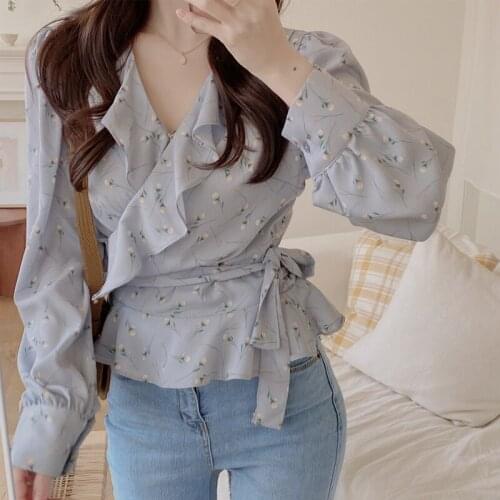 2021 Autumn Ruffled Floral Chiffon Shirt Women Office Casual Long Sleeve Women Blouse Puff Sleeve Clothing Blusas Mujer 10249