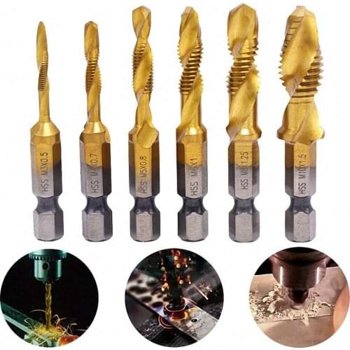 6pcs Metric Thread Tap Holder Titanium Coated HSS Drill And Tap Bits 1/4" Thread Cutting Tool Hex Shank Suitable For M3-M10