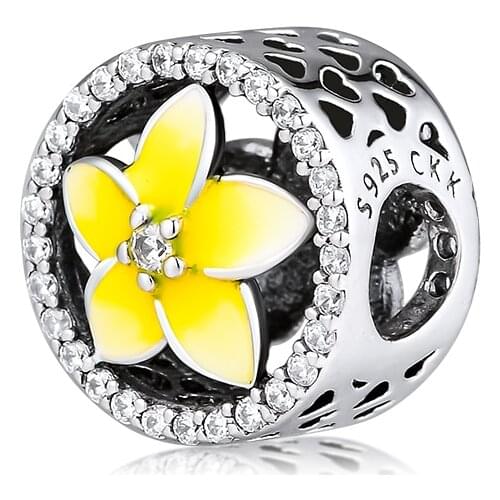 DIY Fits for Pandora Charms Bracelets Floral Beads with Pale Yellow Enamel & CZ 100% 925 Sterling-Silver-Jewelry Free Shipping