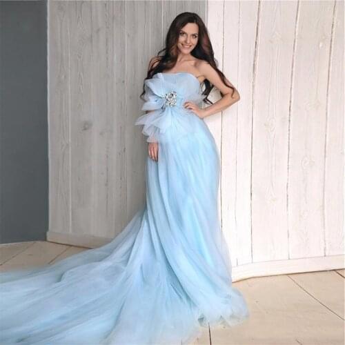 Formal Light Sky Blue Maternity Dresses Evening Wear Custom Made Tulle Long Sweep Train Photography Gowns Pregnant Women Prom D