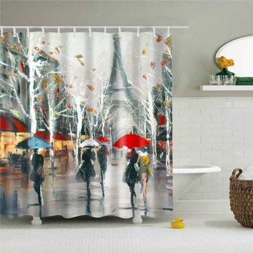 France Rainy Street Scene Oil Painting Shower Curtain Paris Tower Umbrella Bathroom Bath Decor Waterproof Cloth Hooks Curtains