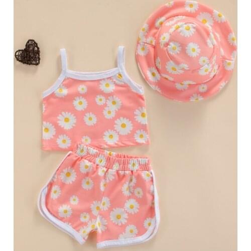 3 Pcs Infant Summer Outfits, Baby Girls Flower/Letter Print U-shaped Neck Tank Top + Shorts + Wide-brim Hat
