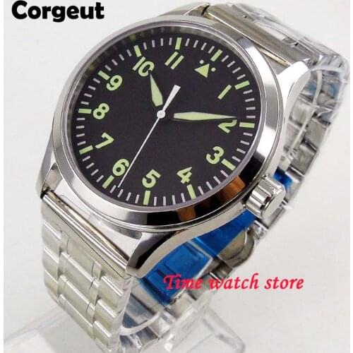 Corgeut 42mm Miyota 8215 5ATM automatic watch men sapphire glass waterproof black strile dial green marks luminous butterfly