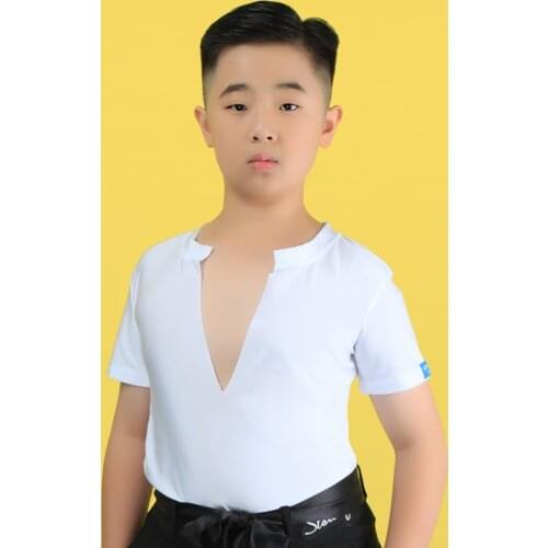 New Boys Latin Dance Top V-Neck Short Sleeves Shirts Loose Pants Children Cha Cha Samba Salsa Dancing Practice Costumes DN6325