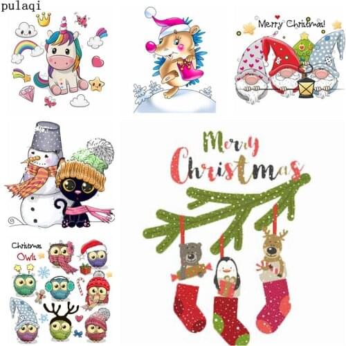 Pulaqi Christmas Iron On Transfer For Clothes Stripes Heat Transfer Vinyl Thermo Stickers Applique Cartoon Unicorn Patch Badges