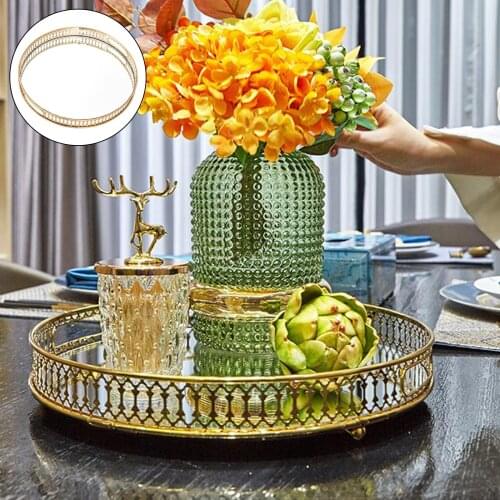 Retro European style gold iron exquisite glass mirror base tray bedroom desktop jewelry cosmetics storage tray living room fruit