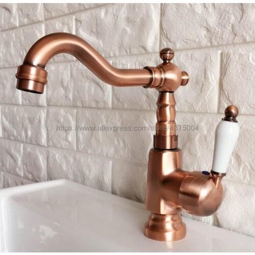Deck Mounted Antique Red Copper Single Handle Hole Bathroom Sink Mixer Faucet Hot and Cold Water Mixer Tap Nnf396