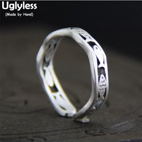 Uglyless Real S 990 Silver Hollow Engraved Lovely Fish Rings Women Ethnic Handmade Open Finger Ring Vintage Fine Jewelry Bijoux