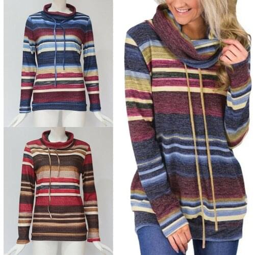 Women Long Sleeve Shirt Striped Turtleneck Choker Casual Tops Blouse Blue Hoodie