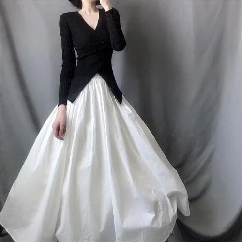 Vintage White 2021 Autumn Female Long Skirts Women Korean Style High Waist Pleated Skirt Office Lady Wild Solid Color Midi Skirt