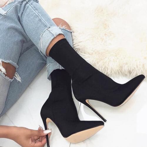 Woman Pointed Toe Ankle Boots Women Fashion Boots Super High Heels Sexy Black Thin Heels Womens Slip On Shoes Big Size 35-43