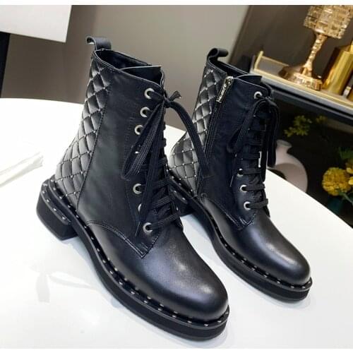 2021 Black Geometric Leather Rivet Ankle Boots For Women Thick Flat Fashion Short Boots Ankle Strap Studded Spikes Shoes Woman