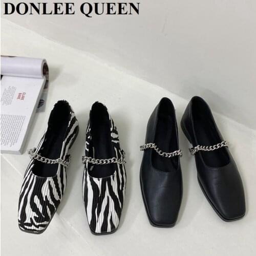 Brand Design 2020 Autumn Luxury Chain Square Toe Shallow Flats Shoes Women Slip-on Loafers Casual Moccasins Zebra Pattern Ballet