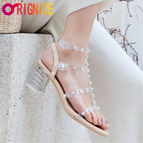 Orignice Fashion Transparent Thick Heels Rivet Buckle Gladiator Sandals Summer Clear PVC Open Toe Female Sexy Party Shoes