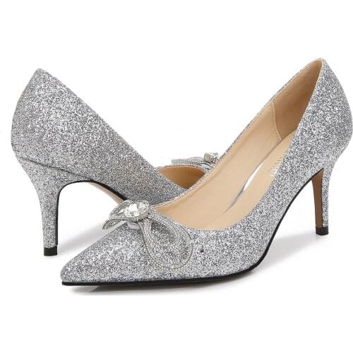 MAIERNISI Delicate Crystal Women Pumps High Heels Elegant Pointed Toe Rhinestone High Heels Shoes 7.5CM thin Dress Shoes Bling