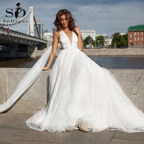 SoDigne 2021 Boho Wedding Dresses Sexy Backless V Neck Lace Appliques Dot Beach Bridal Gowns Backless Vintage Wedding Gown