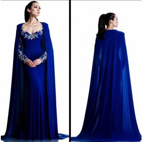 Royal Blue Dubai Long Sleeve Muslim Evening Dress Mermaid with Crystals Formal Arabic Style Evening Gowns Dresses robe de soiree