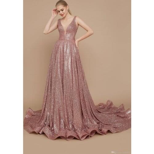 A-line V-Neck Court Train Sequin Plus Size Vintage Evening Dresses With Sashes